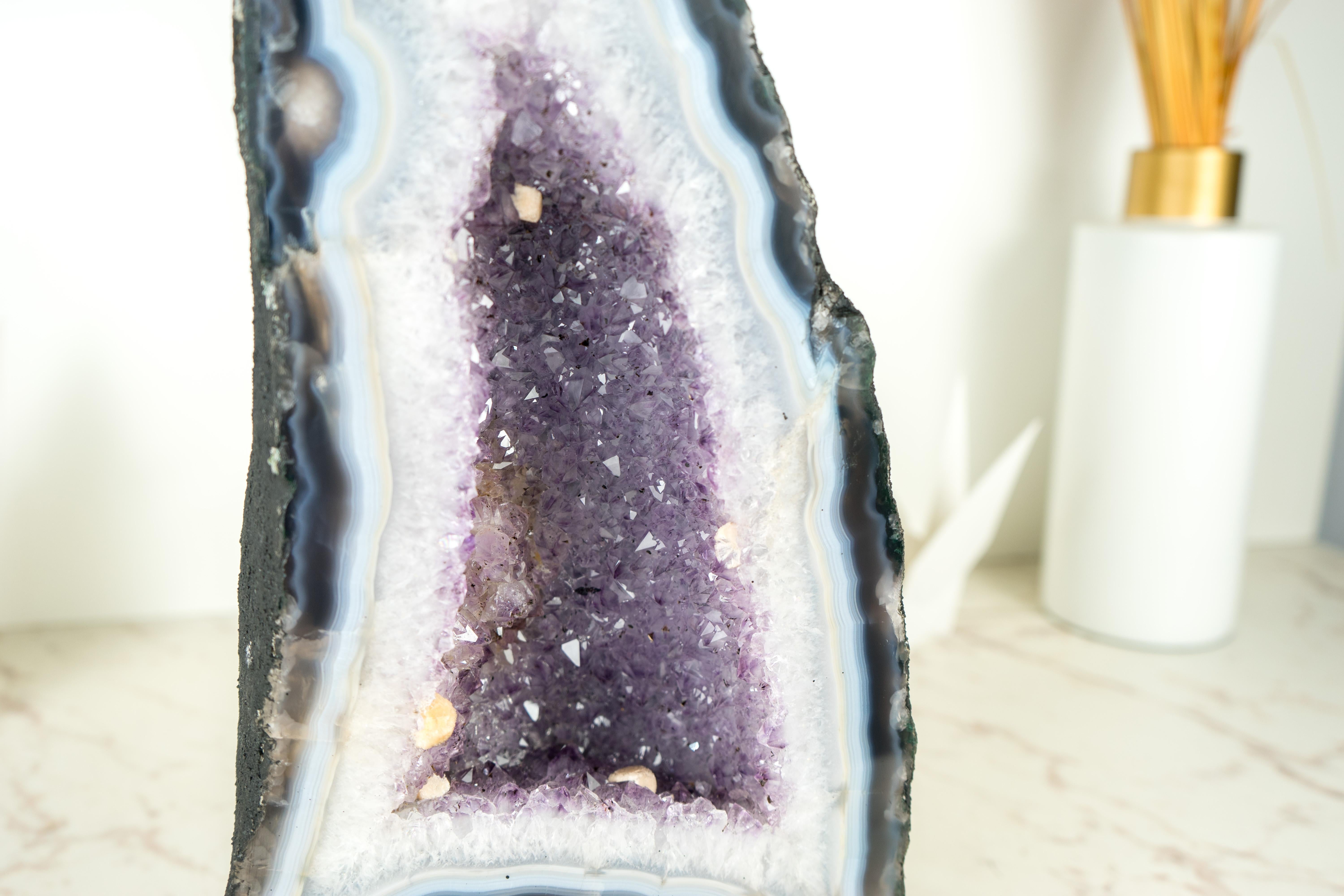 White and Blue Lace Agate Cathedral Geode with Lavender Amethyst Crystal For Sale 3