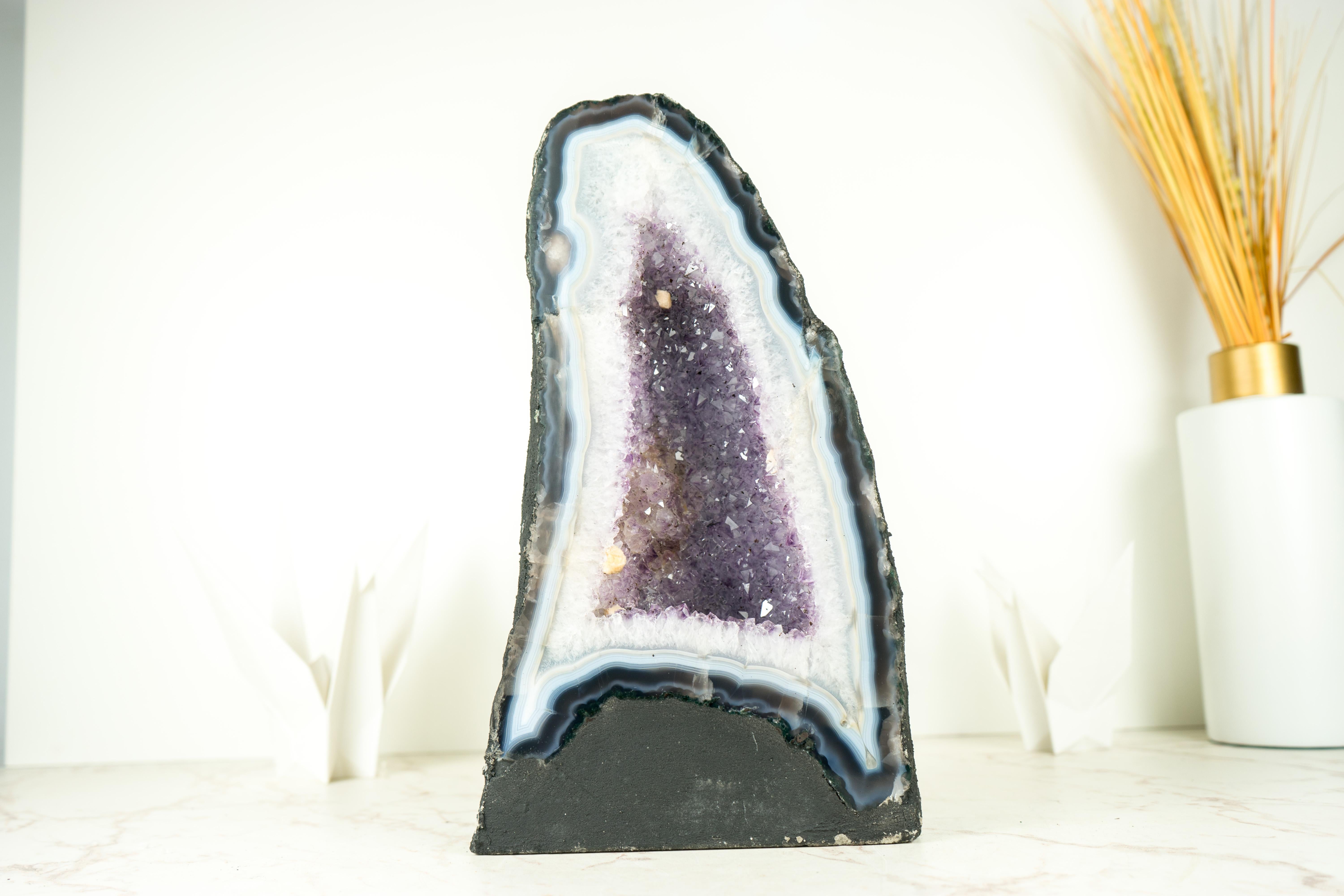 White and Blue Lace Agate Cathedral Geode with Lavender Amethyst Crystal For Sale 4