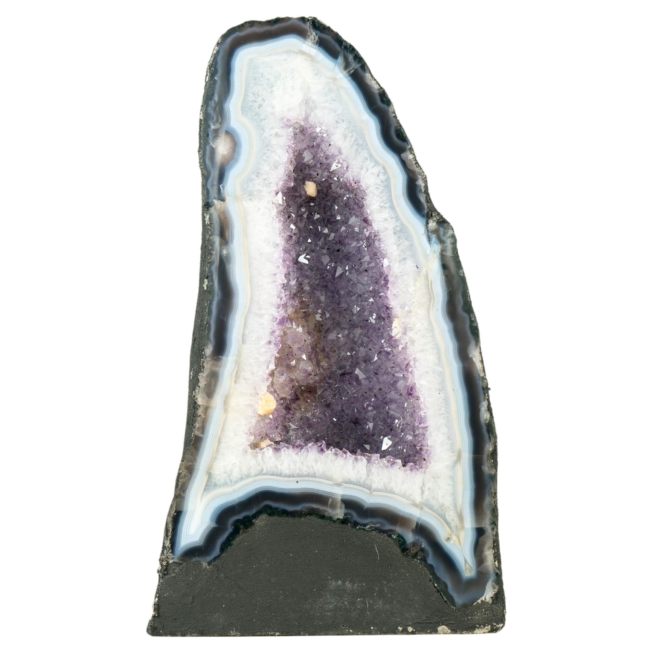 White and Blue Lace Agate Cathedral Geode with Lavender Amethyst Crystal