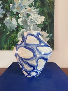 White and Blue Majolica Vase Hand-painted Contemporary Italy Amalfi Coast