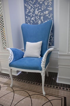 White and Blue Neoclassical Style Solid Wood Carving Armchair