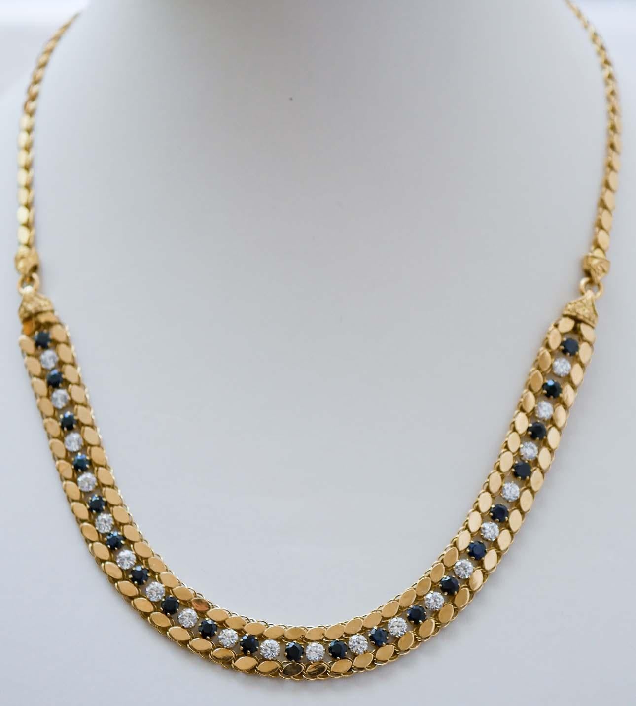 Elegant necklace in 18 kt yellow gold structure mounted with blue and white stones.
This necklace
was totally handmade by Italian master goldsmiths and it is in perfect conditions.
Stones 2.00 gr
Total Weight 20.20 gr
RF  +HURF
RK.AIUC

For any