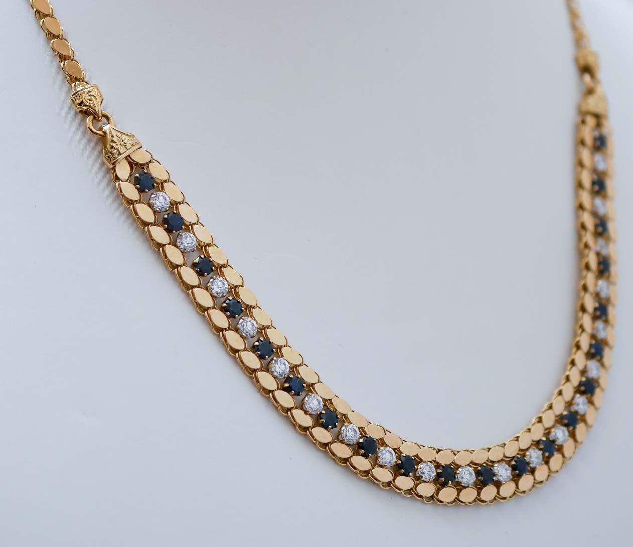 Retro White and Blue Stones, 18 Karat Yellow Gold Necklace.