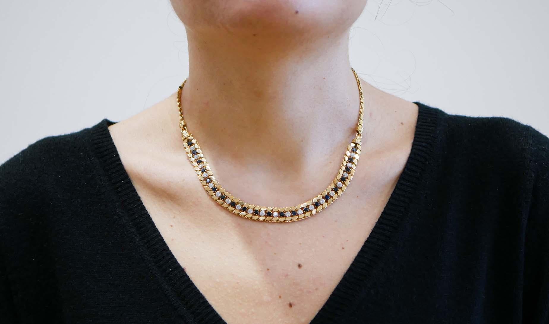 Women's White and Blue Stones, 18 Karat Yellow Gold Necklace.
