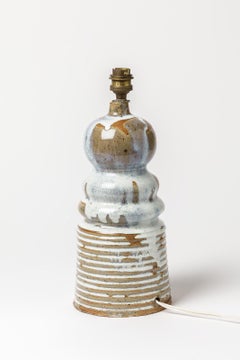 White and Blue Stoneware Ceramic Table Lamp by Pierre Pigaglio 1950 Lighting