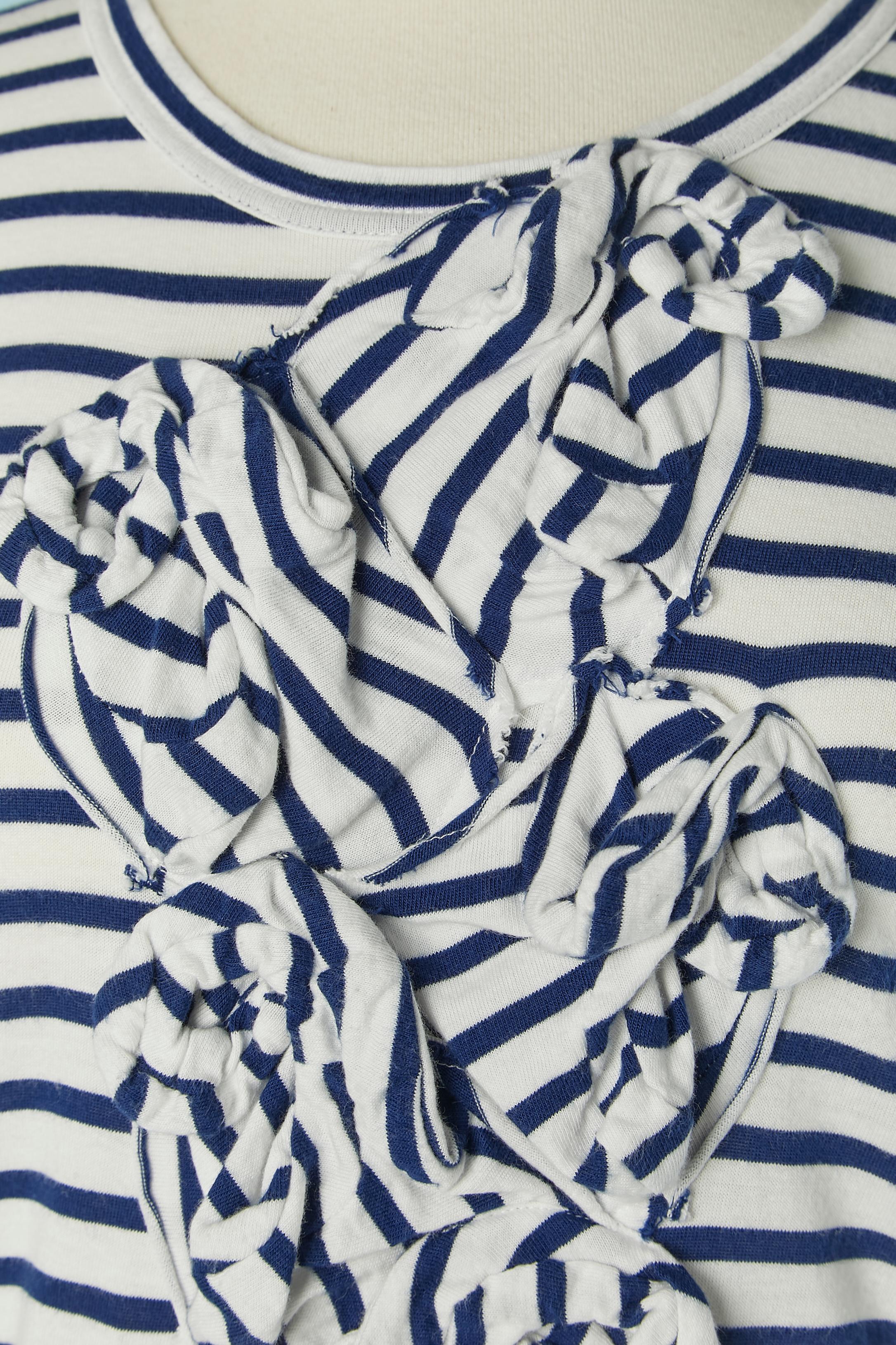 White and blue cotton striped tee-shirt with appliqué on the front. 
SIZE S on tag 