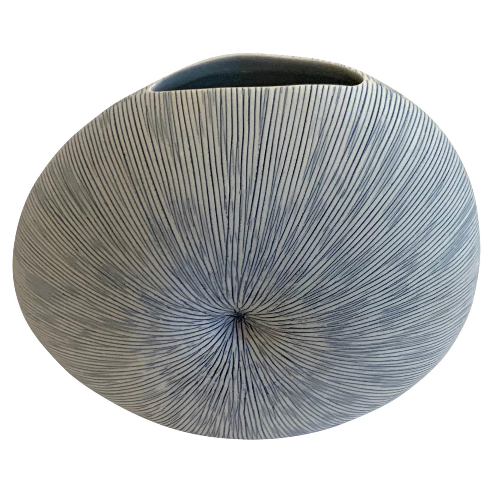 White and Blue Thin Stripe Starburst Design Vase, Thailand, Contemporary For Sale