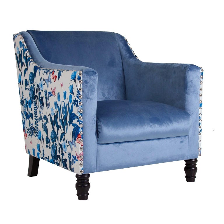 White and Blue Velvet Armchair at 1stDibs