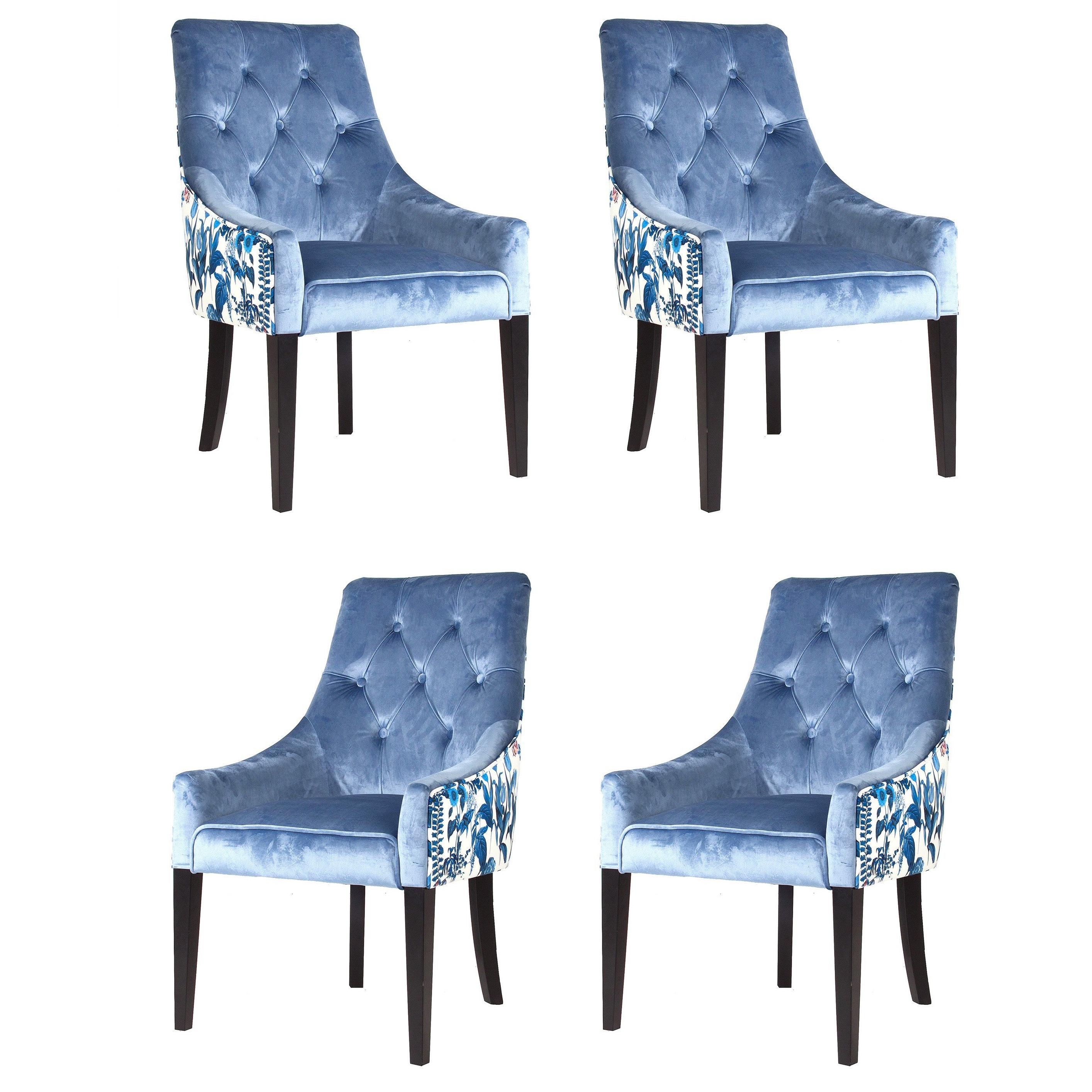 White and Blue Velvet Flowers Set of Four Dining Armchairs