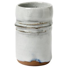White and Blue 20th Century Ceramic Cylinder Vase Unique Piece 1980 Signed