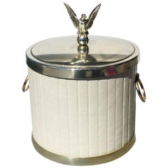 Retro White and Brass Channel Upholstered Eagle Ice Bucket with Eagle Handle