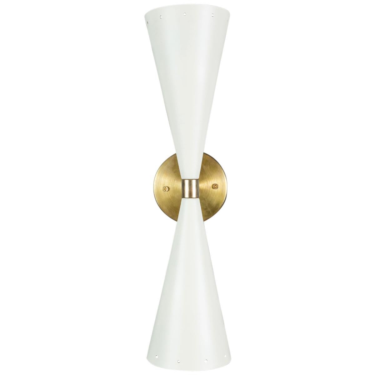 White and Brass Double Cone Sconce by Lawson-Fenning For Sale