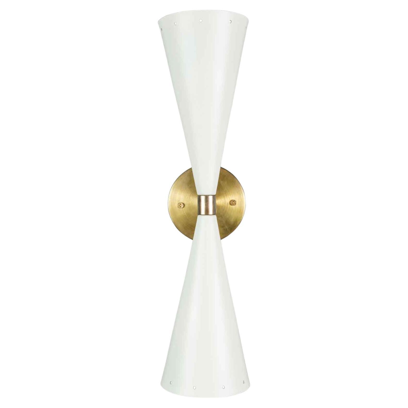 White and Brass Double Cone Sconce by Lawson-Fenning For Sale