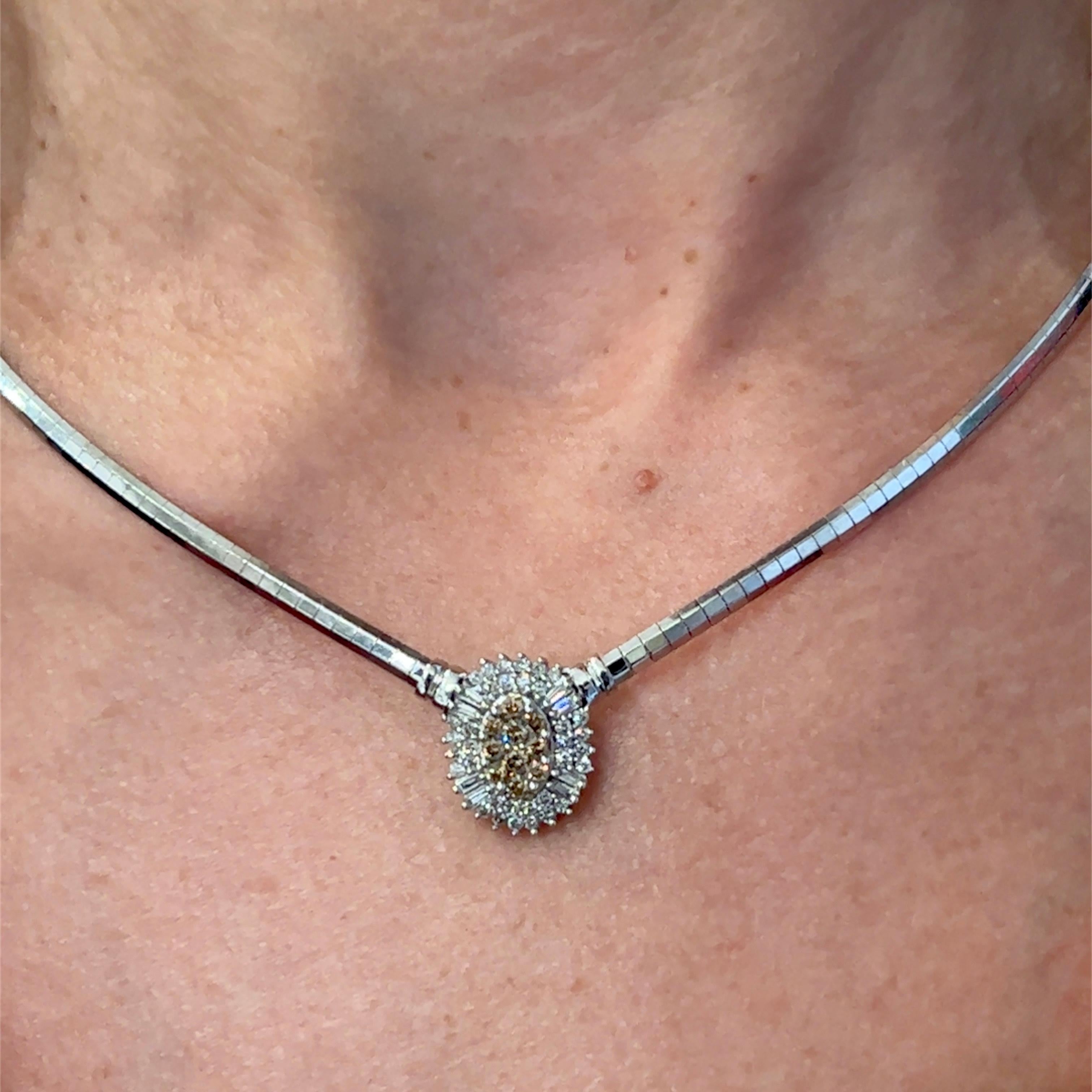 Brilliant Cut White and Bronze Colored Diamond Necklace in 14k White Gold For Sale