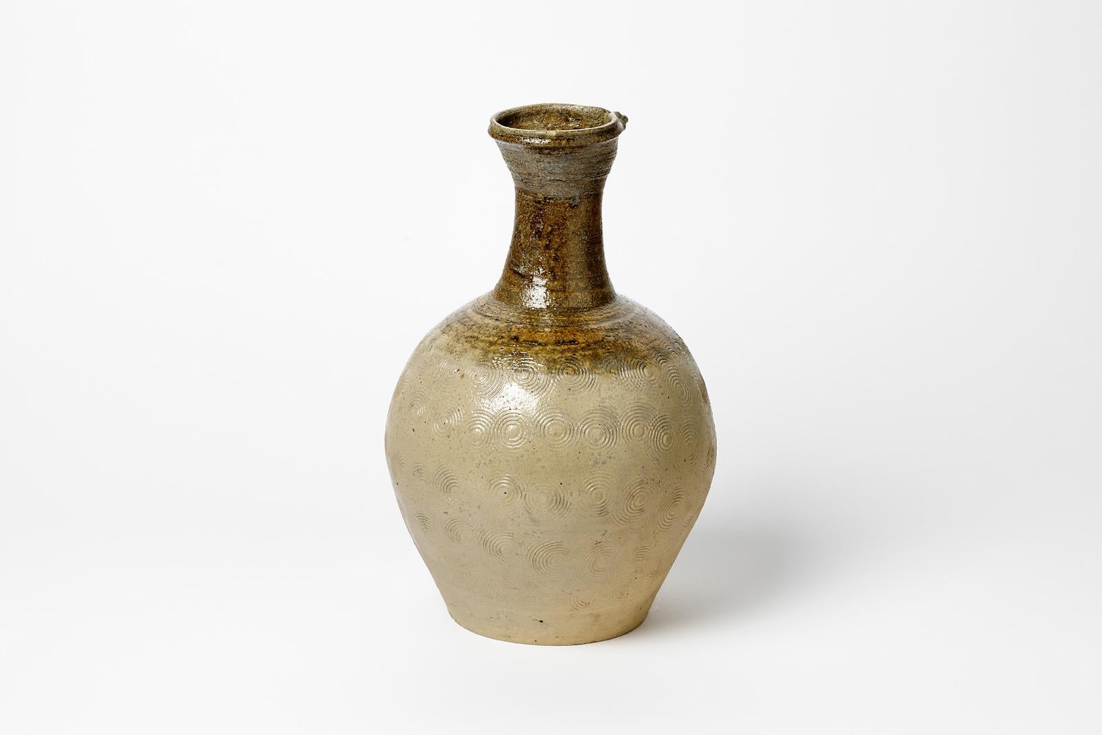 Français Vase en céramique blanc et marron du XXe siècle, vers 1970 en vente