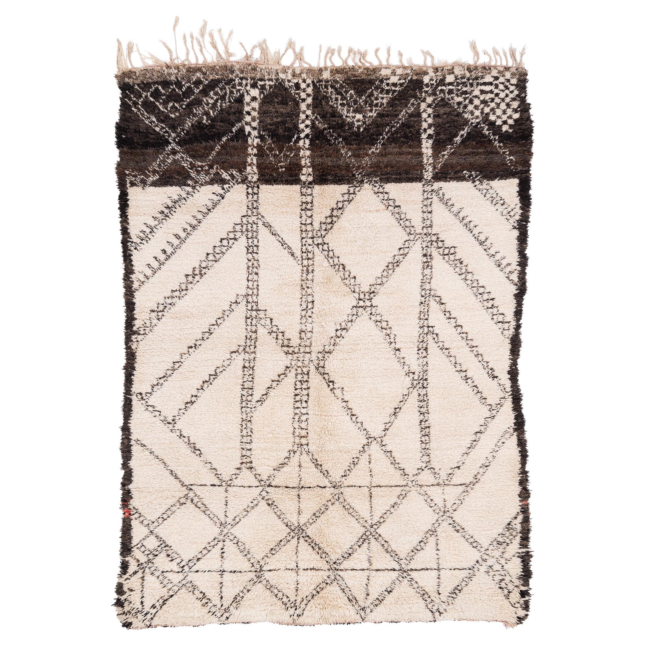 Collectible Midcentury White and Brown Antique Wool Moroccan Shag Area Rug