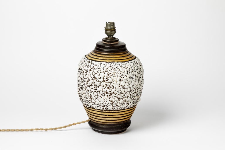 White and Brown Art Deco Ceramic Table Lamp by Louis Dage circa 1930