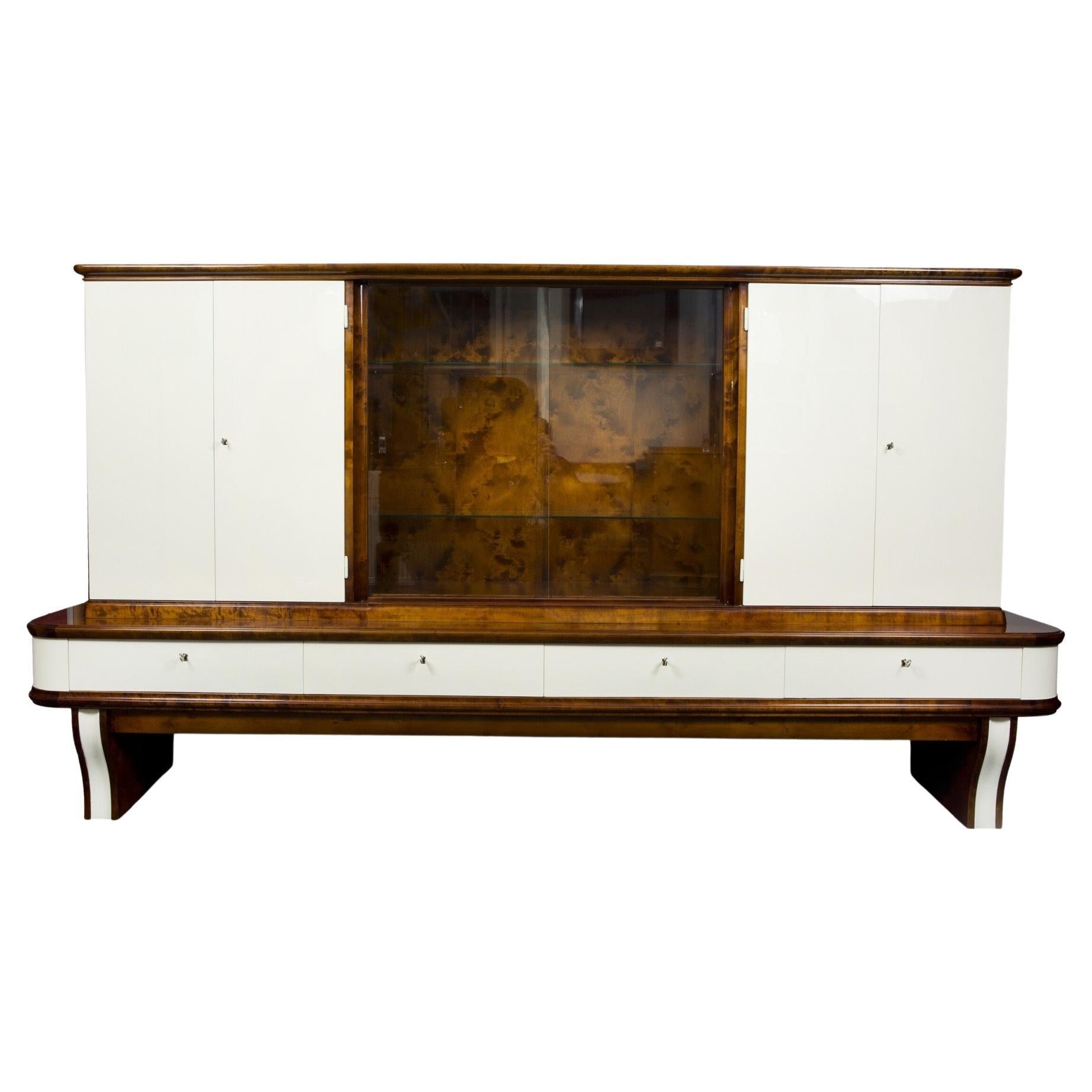 White and Brown Art Deco Display Cabinet Made in France, 1930s, Walnut For Sale
