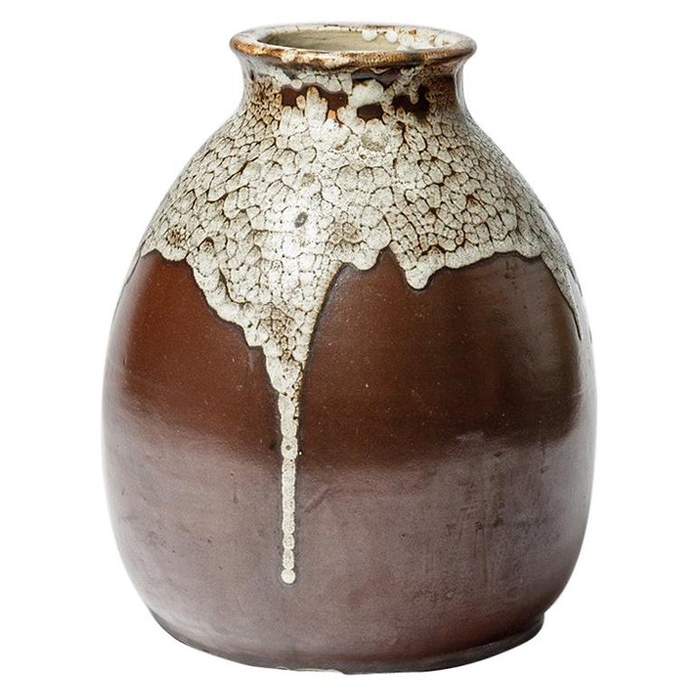 White and Brown Art Deco Stoneware Ceramic Vase Signed Pointu 1900