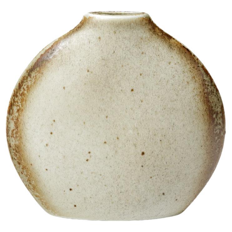 Vase circulaire en céramique blanc et Brown par Montreau pour Virebent 1970 Design en vente