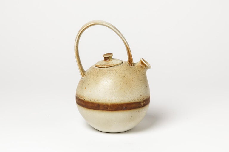 French White and Brown Design Porcelain Tea Pot by Laroussinie for Virebent, 1970 For Sale