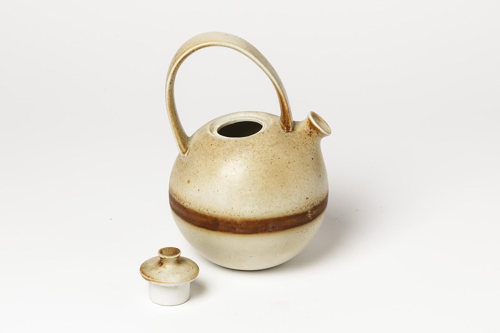 White and Brown Design Porcelain Tea Pot by Laroussinie for Virebent, 1970 In Excellent Condition For Sale In Neuilly-en- sancerre, FR