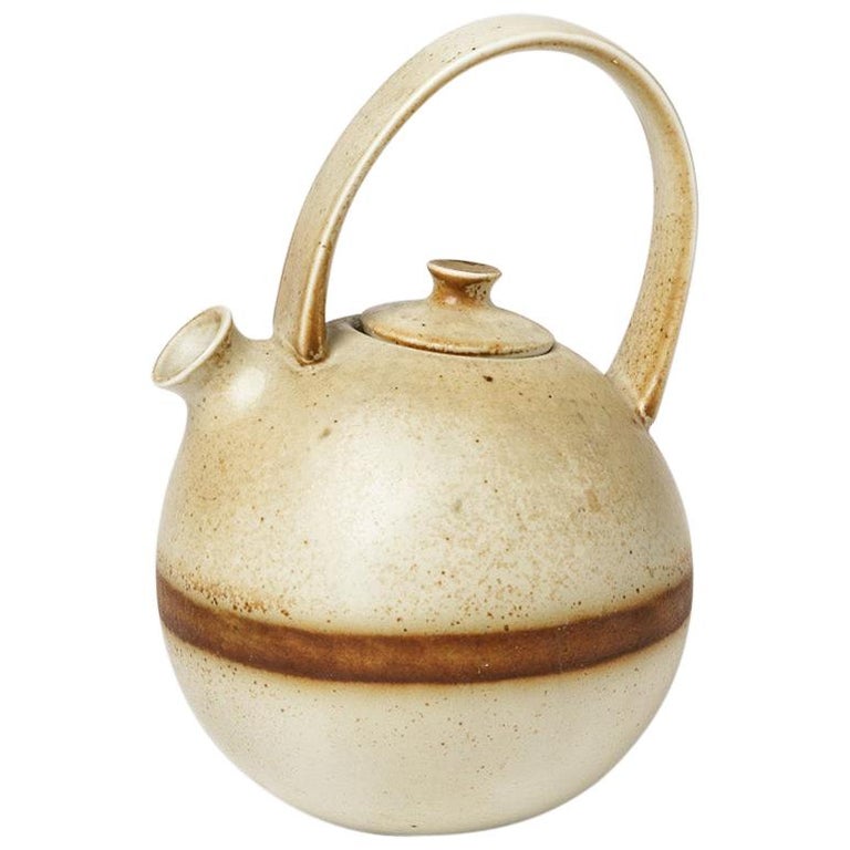White and Brown Design Porcelain Tea Pot by Laroussinie for Virebent, 1970 For Sale