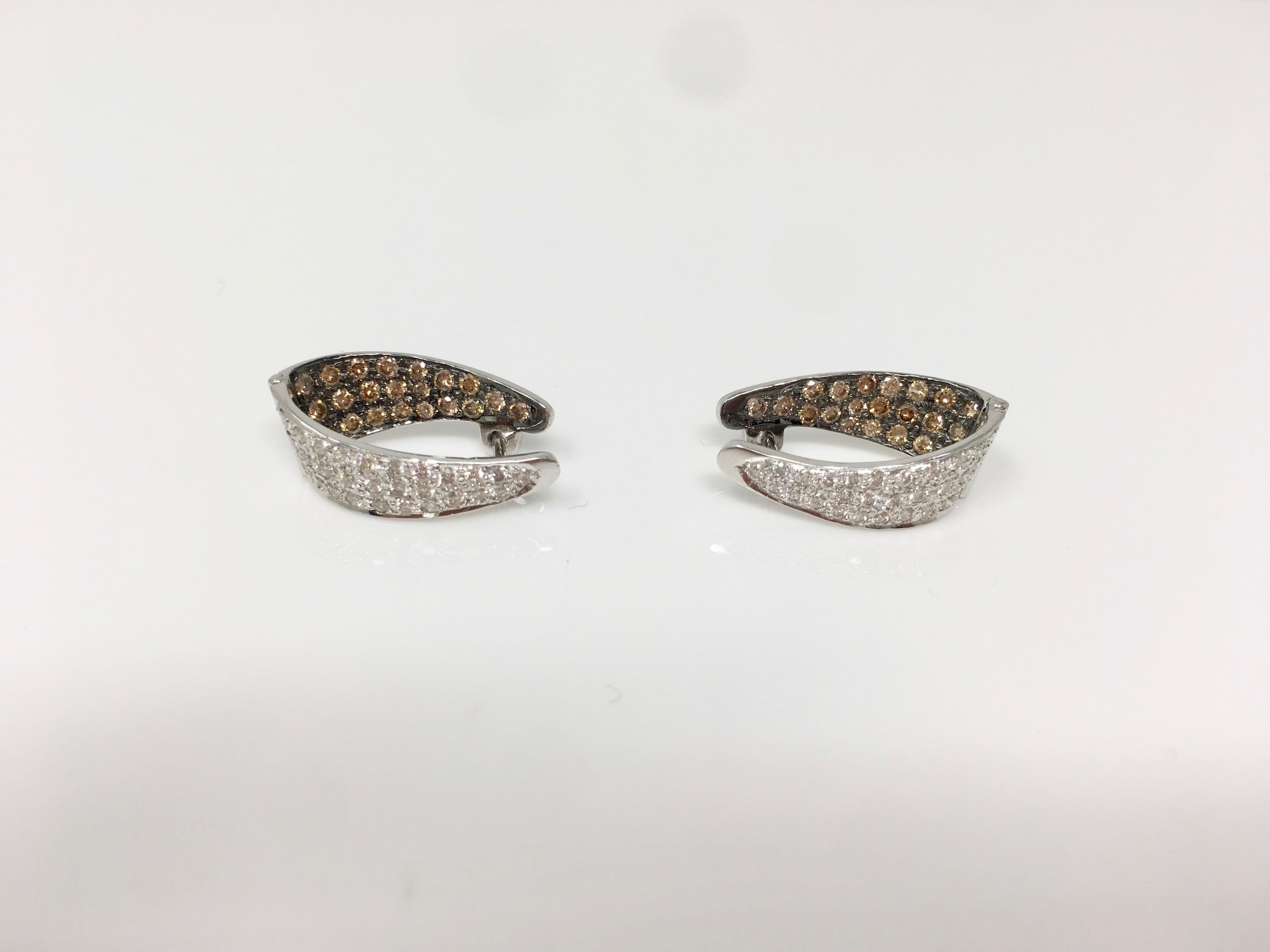 Contemporary White and Brown Diamond Inside Out Hoop Earrings in 18 Karat White Gold For Sale