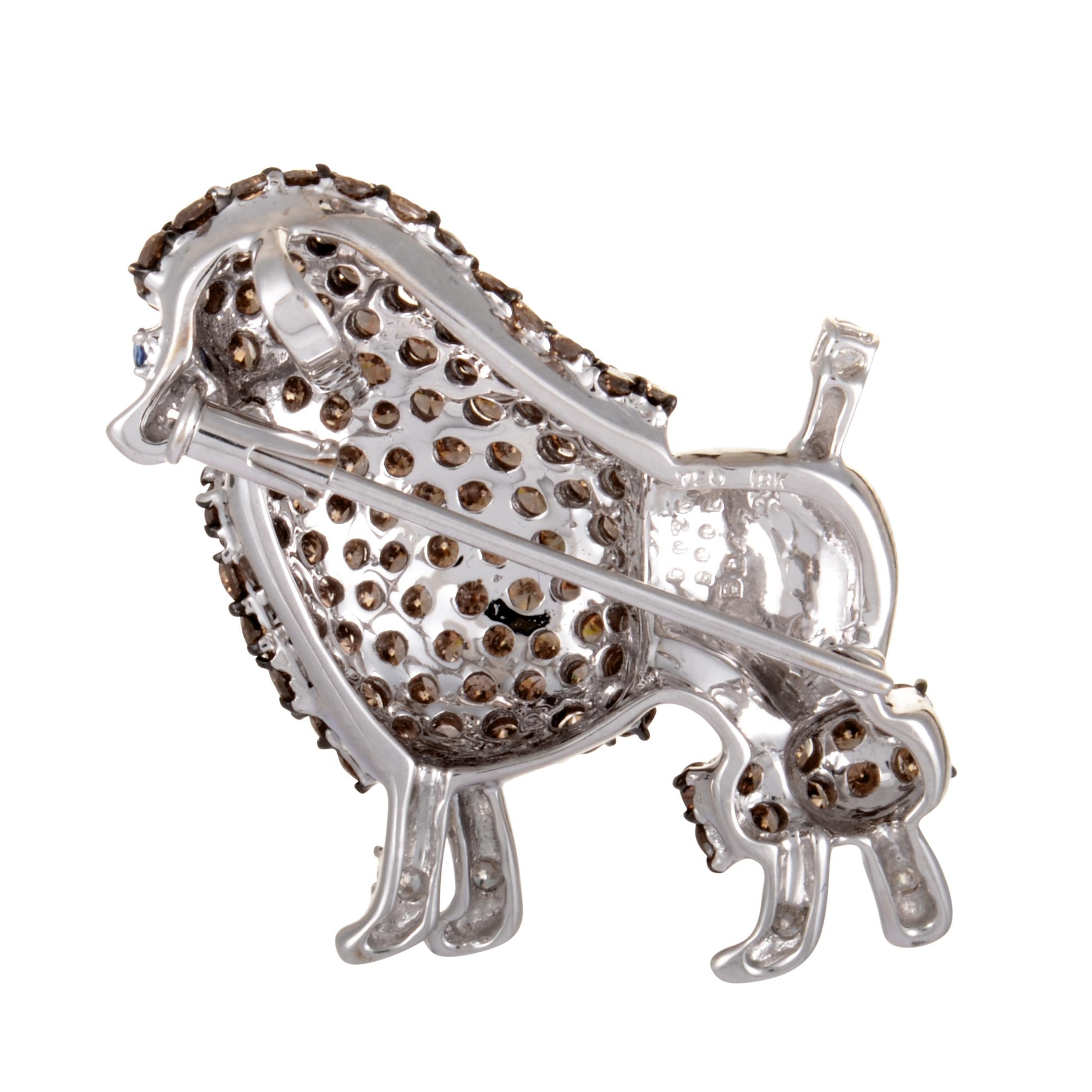 Women's White and Brown Diamonds and Sapphire White Gold Poodle Pendant Brooch