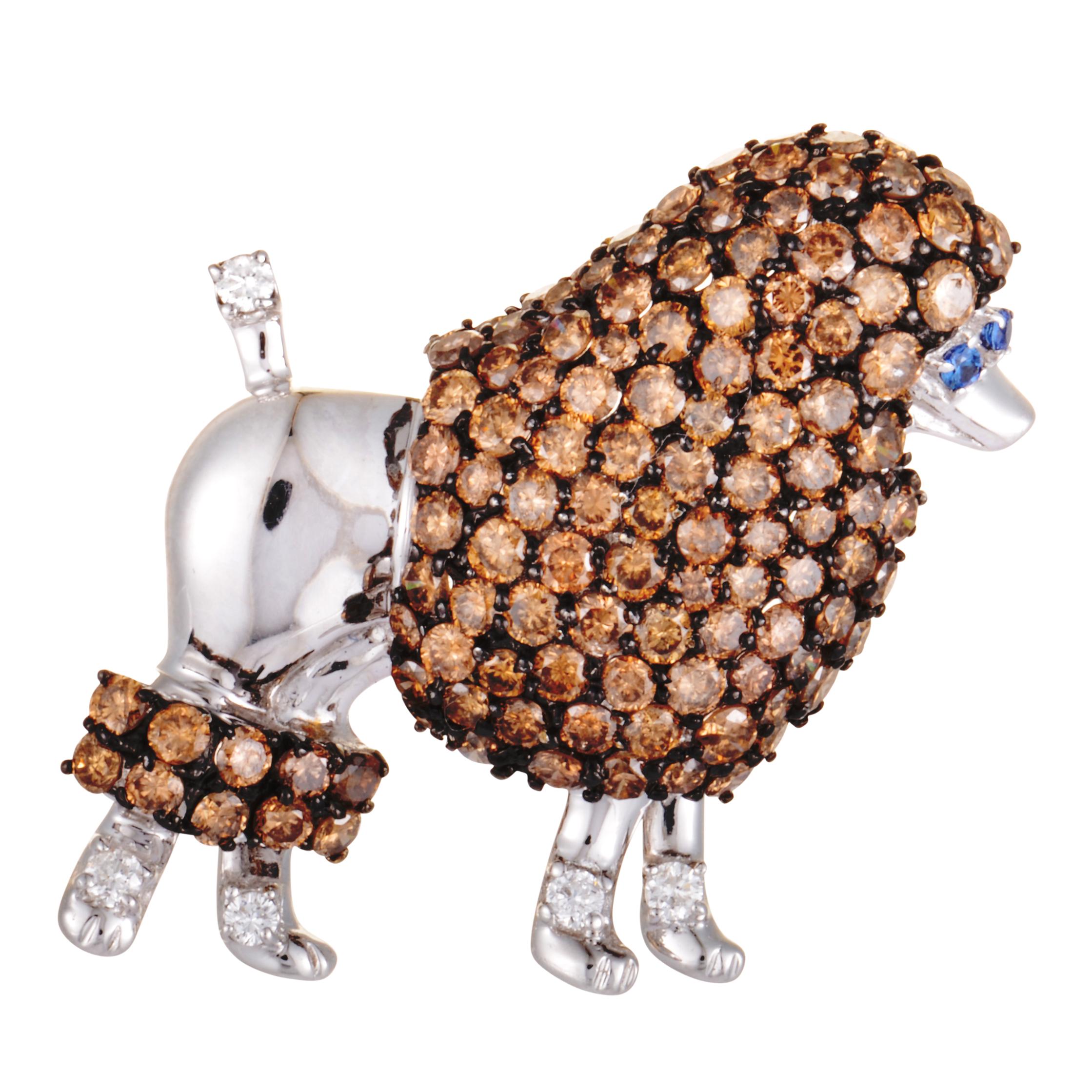 White and Brown Diamonds and Sapphire White Gold Poodle Pendant Brooch