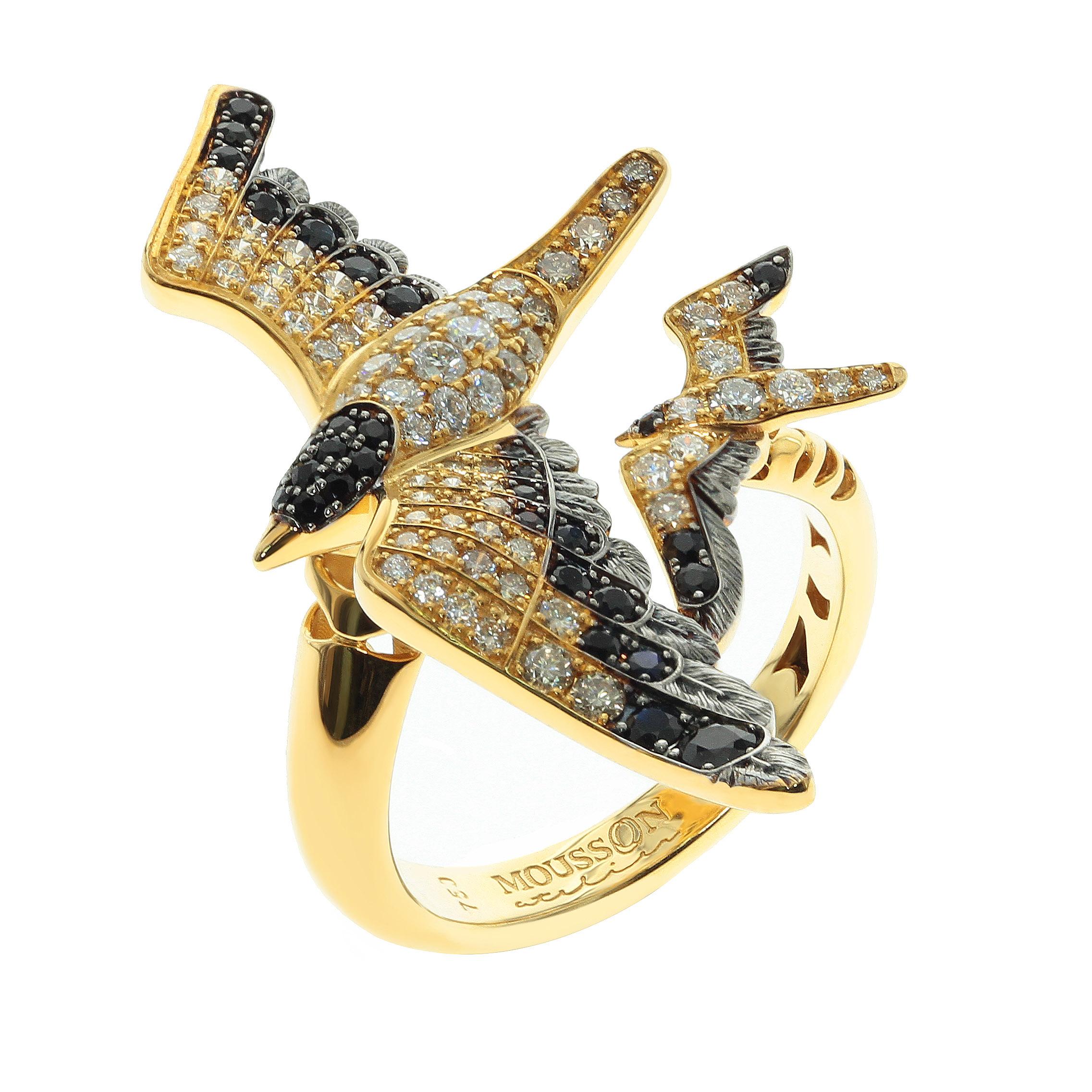 White and Brown Diamonds Black Sapphire 18 Karat Yellow Gold Seagull Suite  For Sale 5
