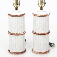 White and Brown Faux Bamboo Table Lamps, a Pair