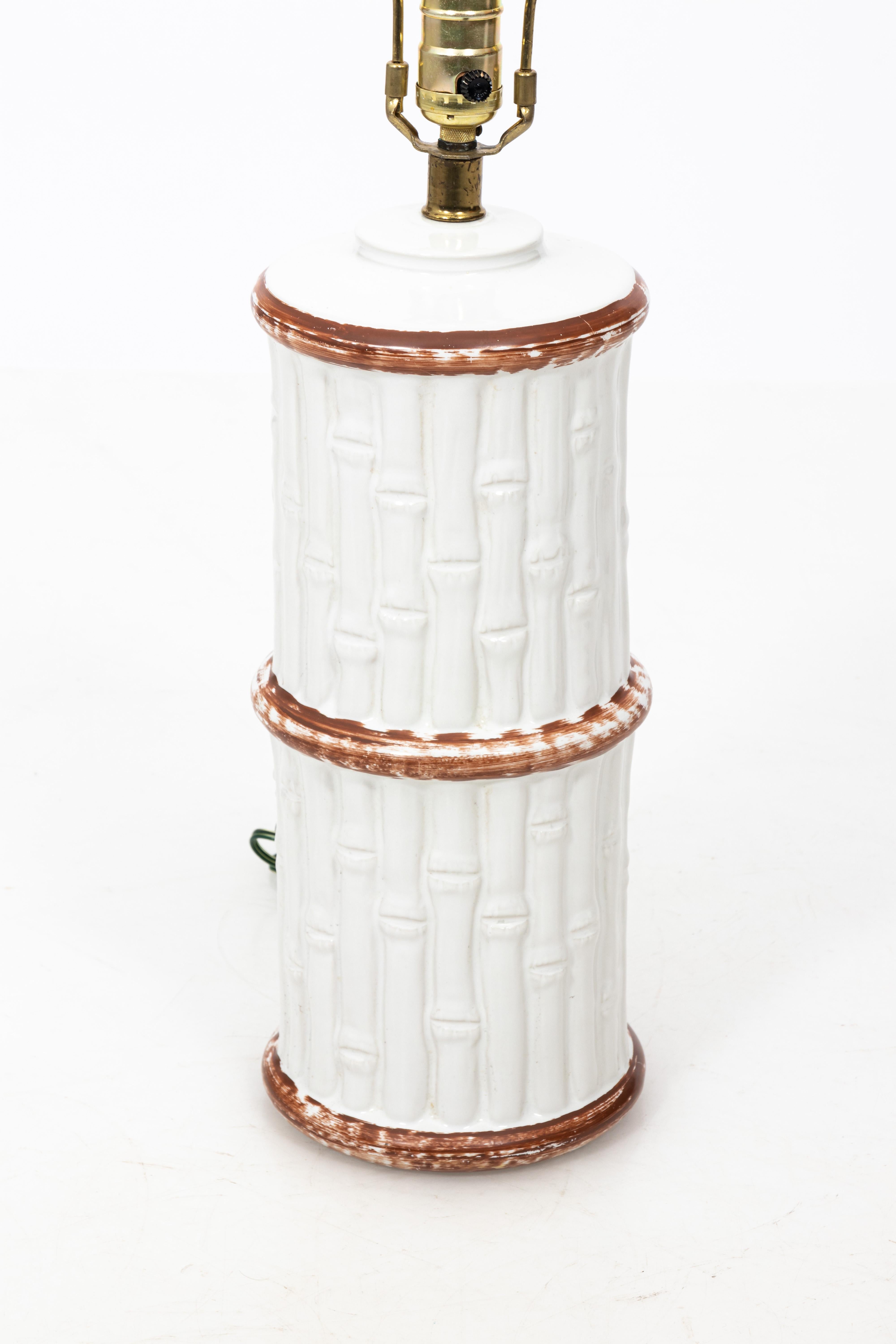 North American White and Brown Faux Bamboo Table Lamps, a Pair