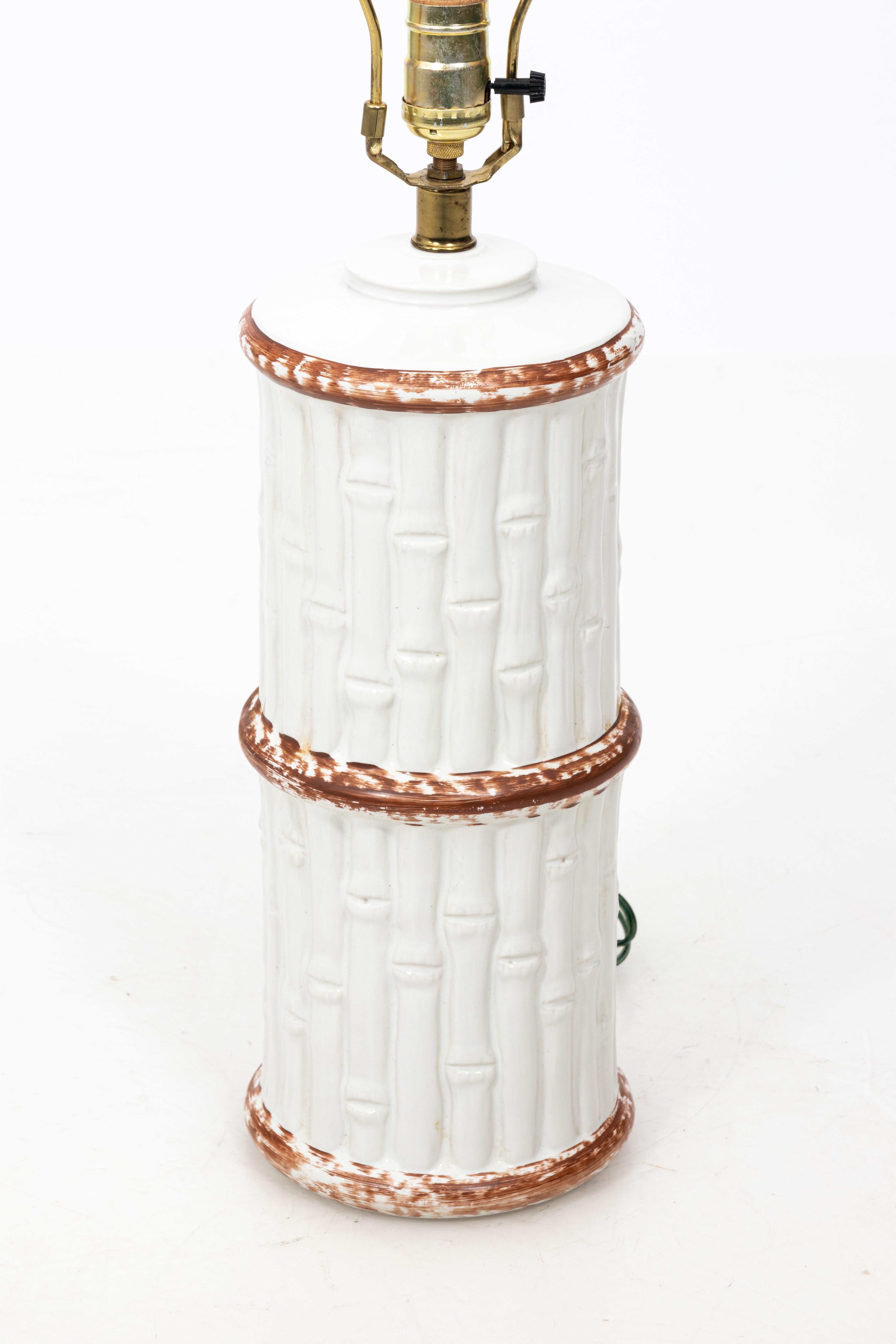 Ceramic White and Brown Faux Bamboo Table Lamps, a Pair