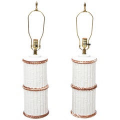 White and Brown Faux Bamboo Table Lamps, a Pair