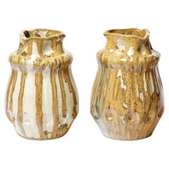 White and brown glazed ceramic pair of vases by Jean Langlade, circa 1920.