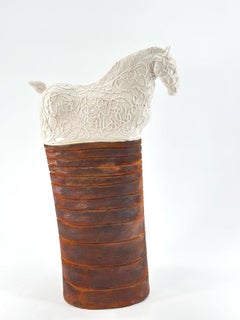 White and Brown Horse, Ceramic Centerpiece, Handmade Without Mold, Italy