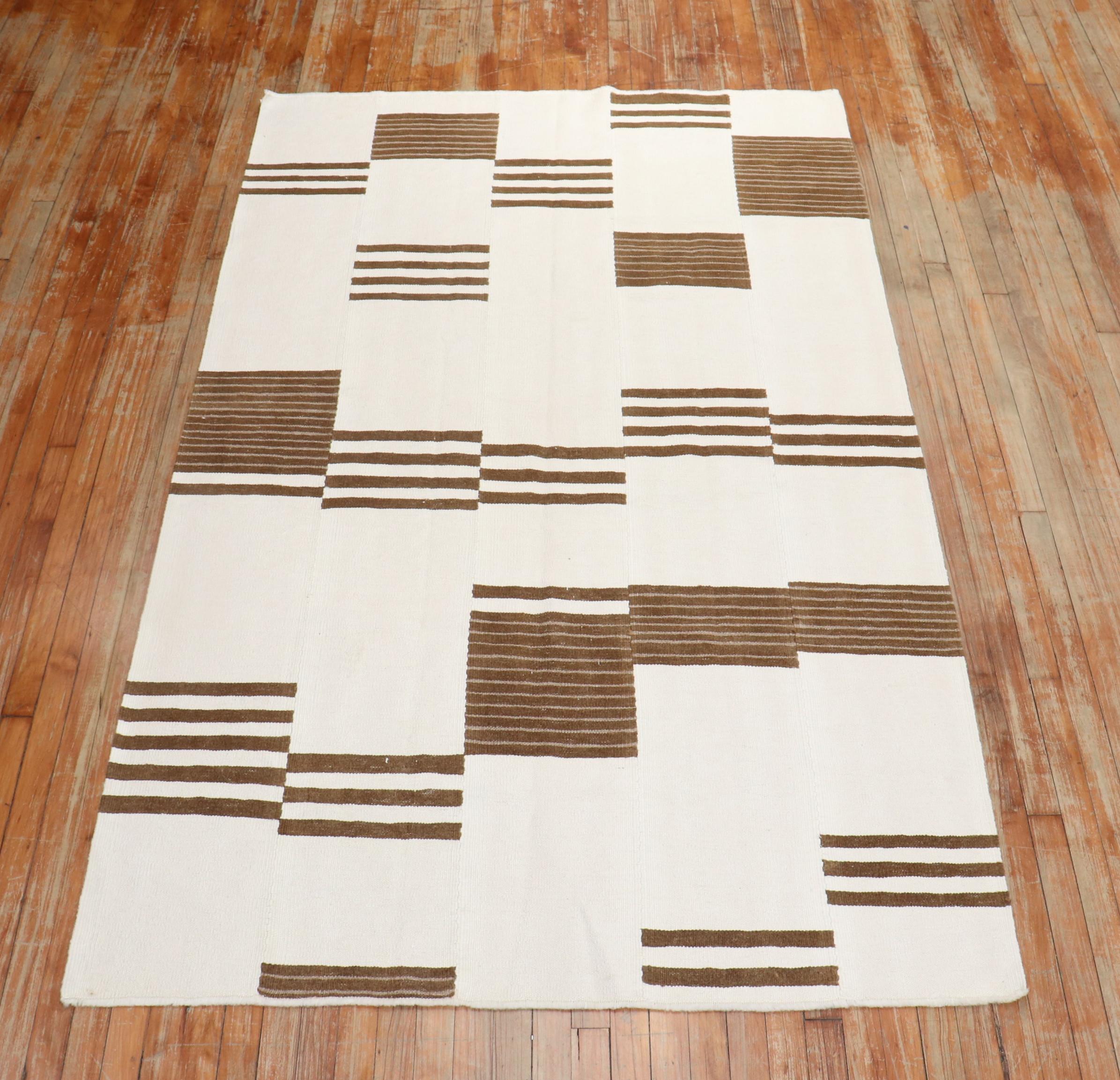 Contemporary White and Brown Modern Turkish Kilim Flatweave For Sale