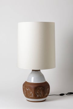 Lampe de bureau en céramique de grès blanc et marron par Roger Collet, vers 1970