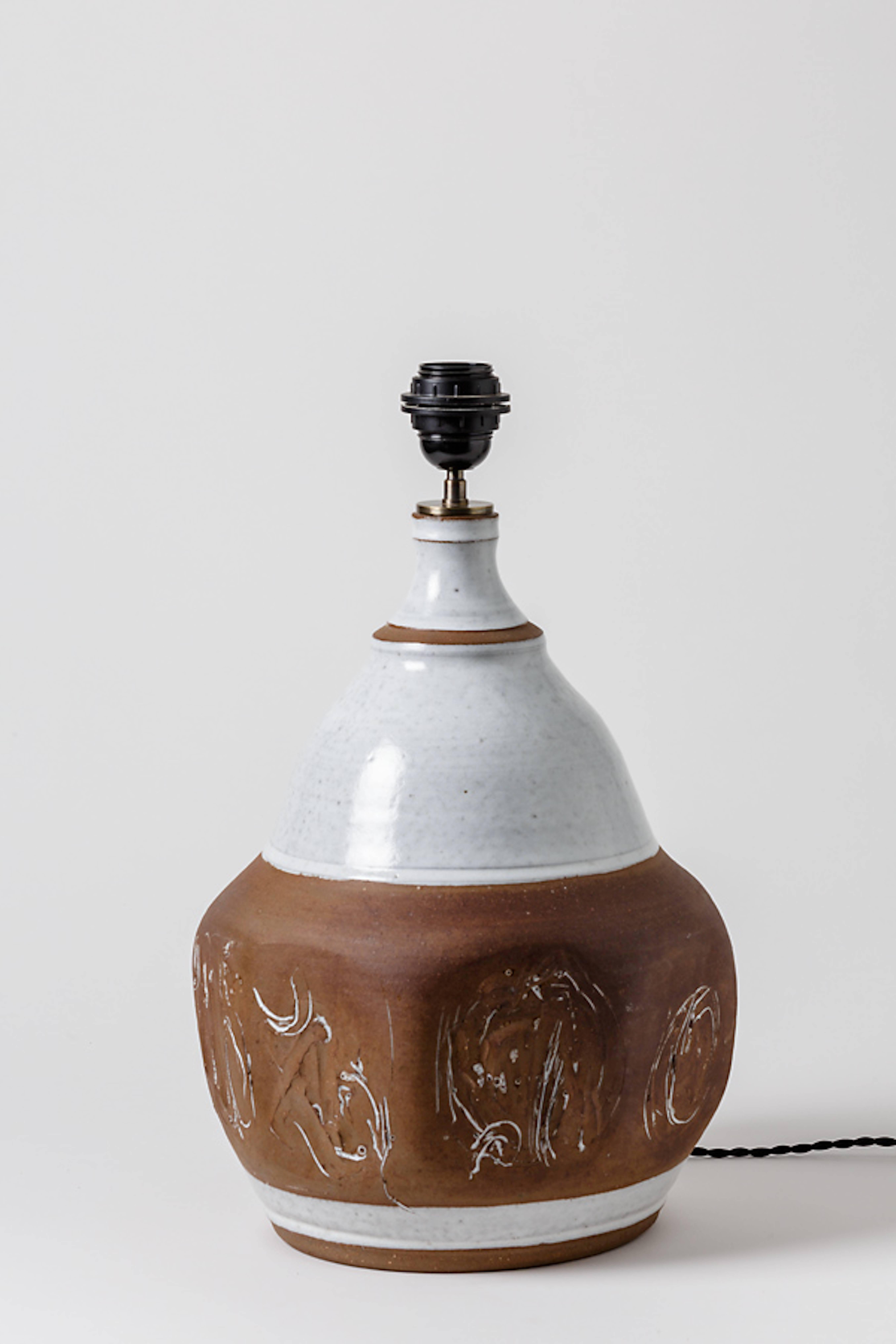 French White and Brown Stoneware Ceramic Table Lamp by Roger Collet, circa 1970 For Sale