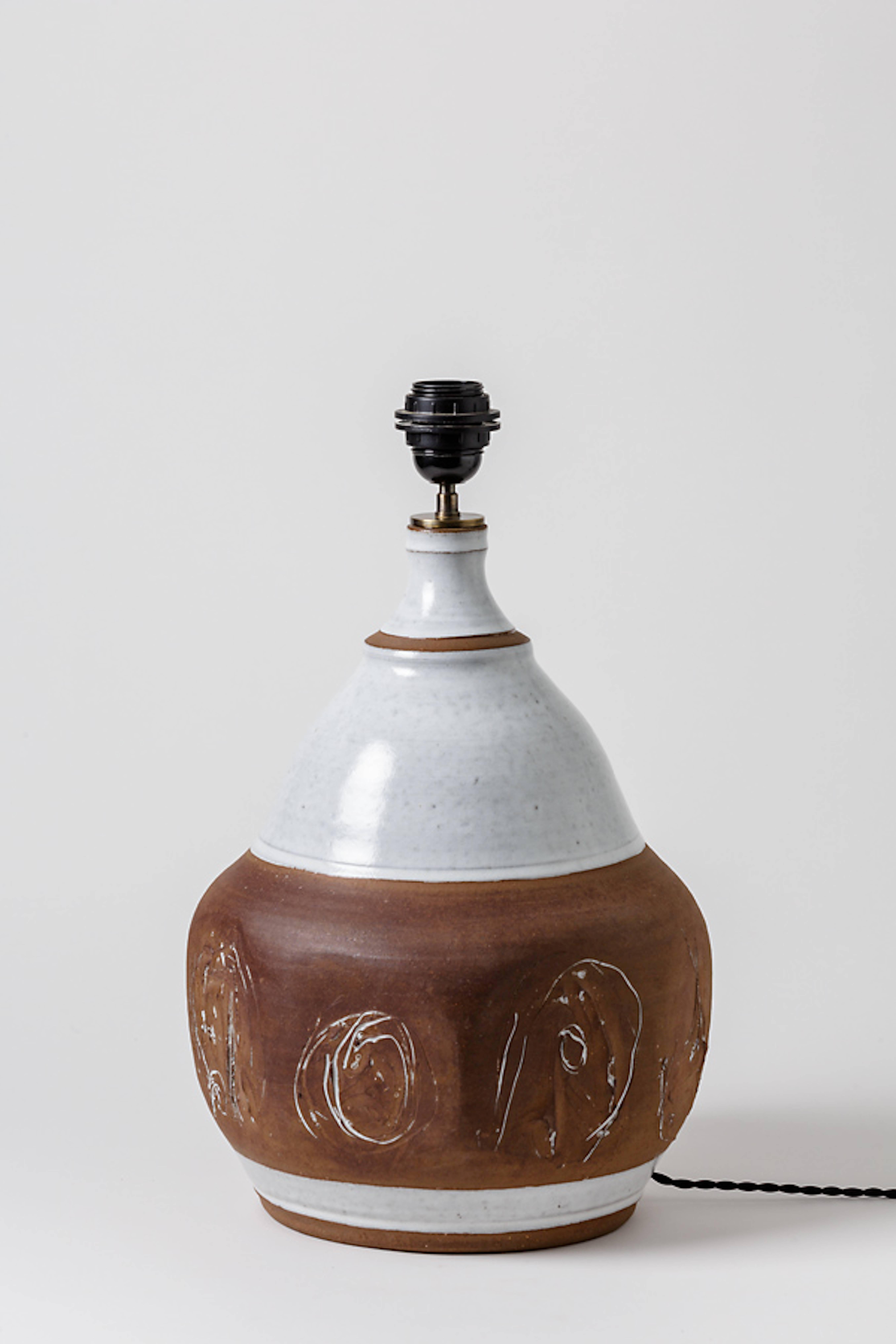Turned White and Brown Stoneware Ceramic Table Lamp by Roger Collet, circa 1970 For Sale