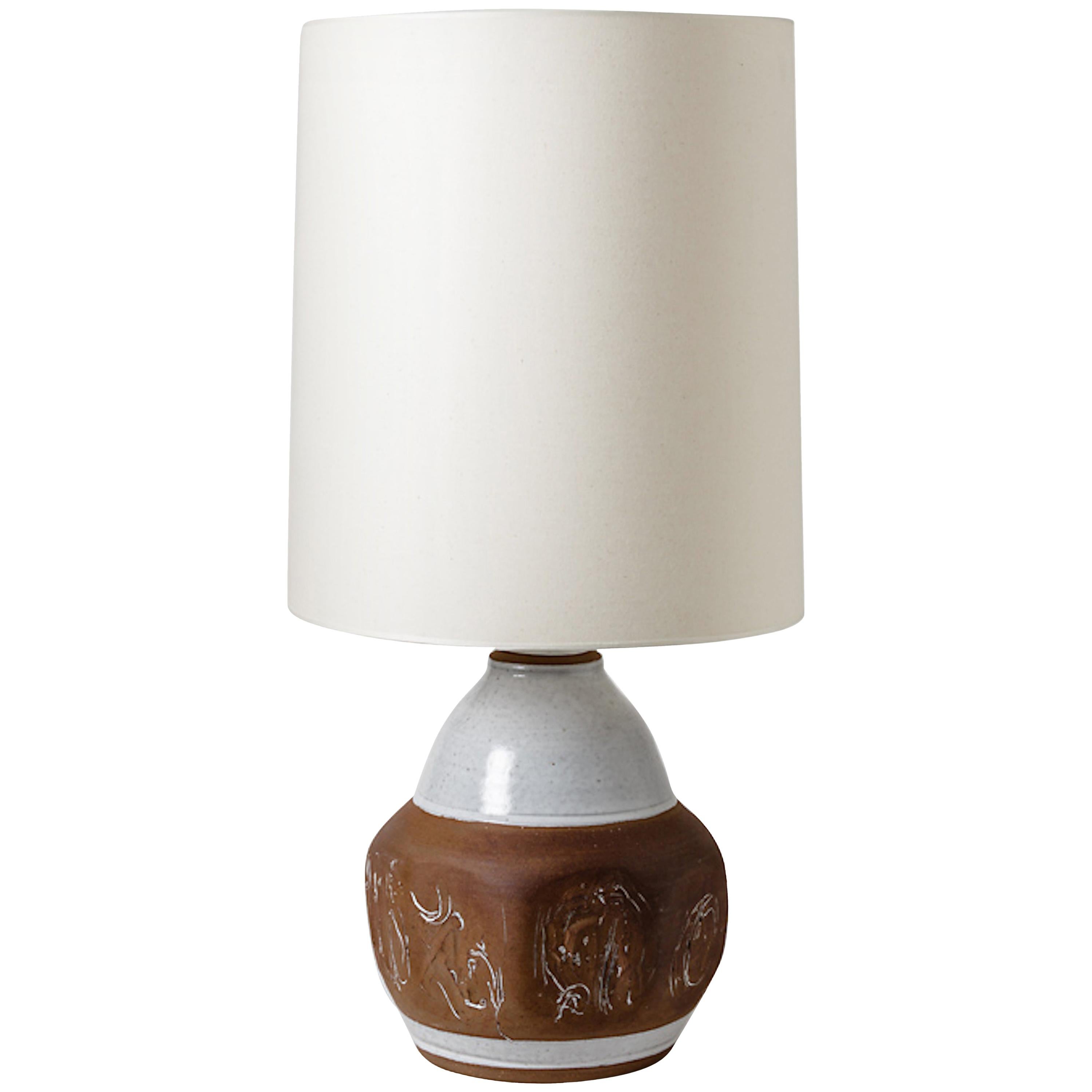 White and Brown Stoneware Ceramic Table Lamp by Roger Collet, circa 1970 For Sale