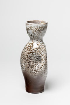 White and Brown Vintage Ceramic Pitcher or Vase by Accolay Potters French