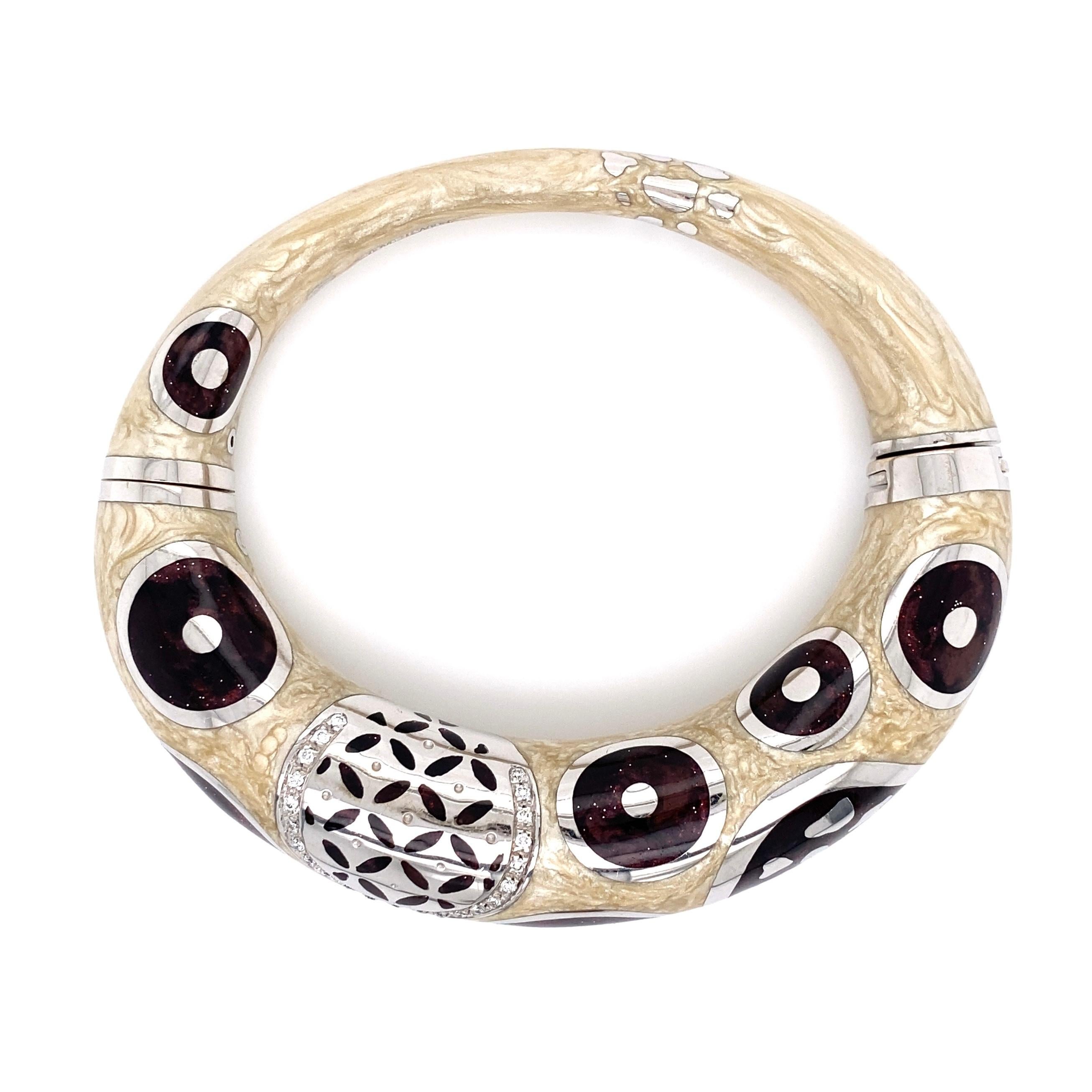 White and Burgundy Enamel and Diamond Gold Bracelet Estate Fine Jewelry For Sale 2