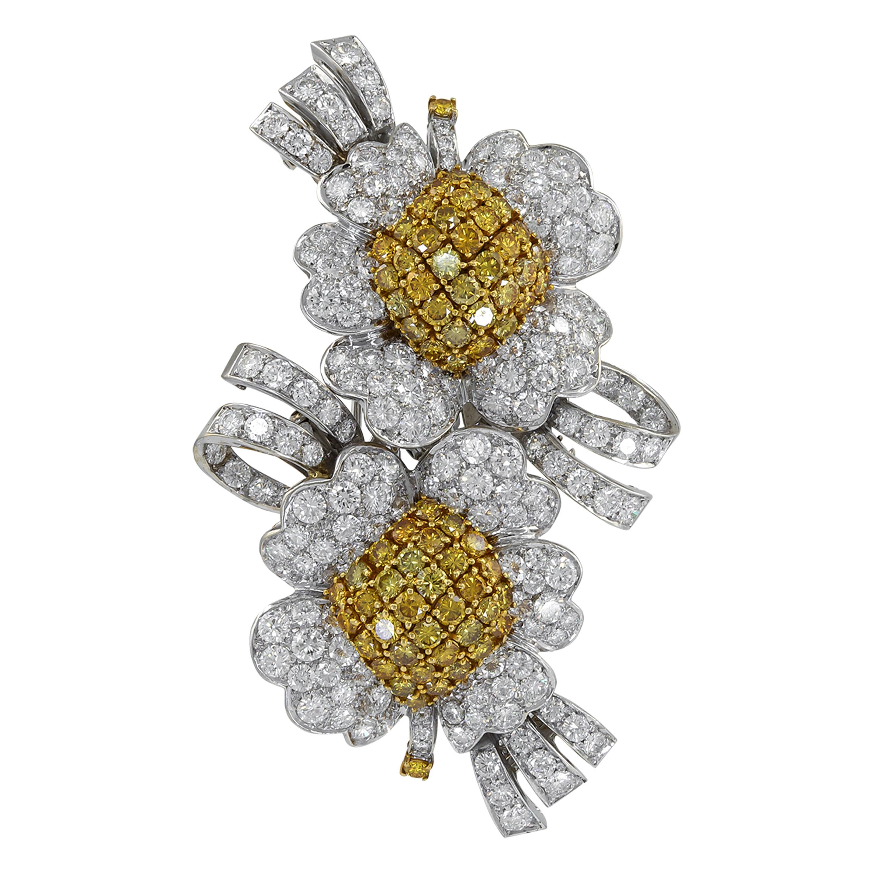 Vintage Diamond Blossom Convertible Double Clip Brooch For Sale