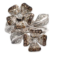 White and Champagne Diamonds Flower Gold Ring Made in Italy