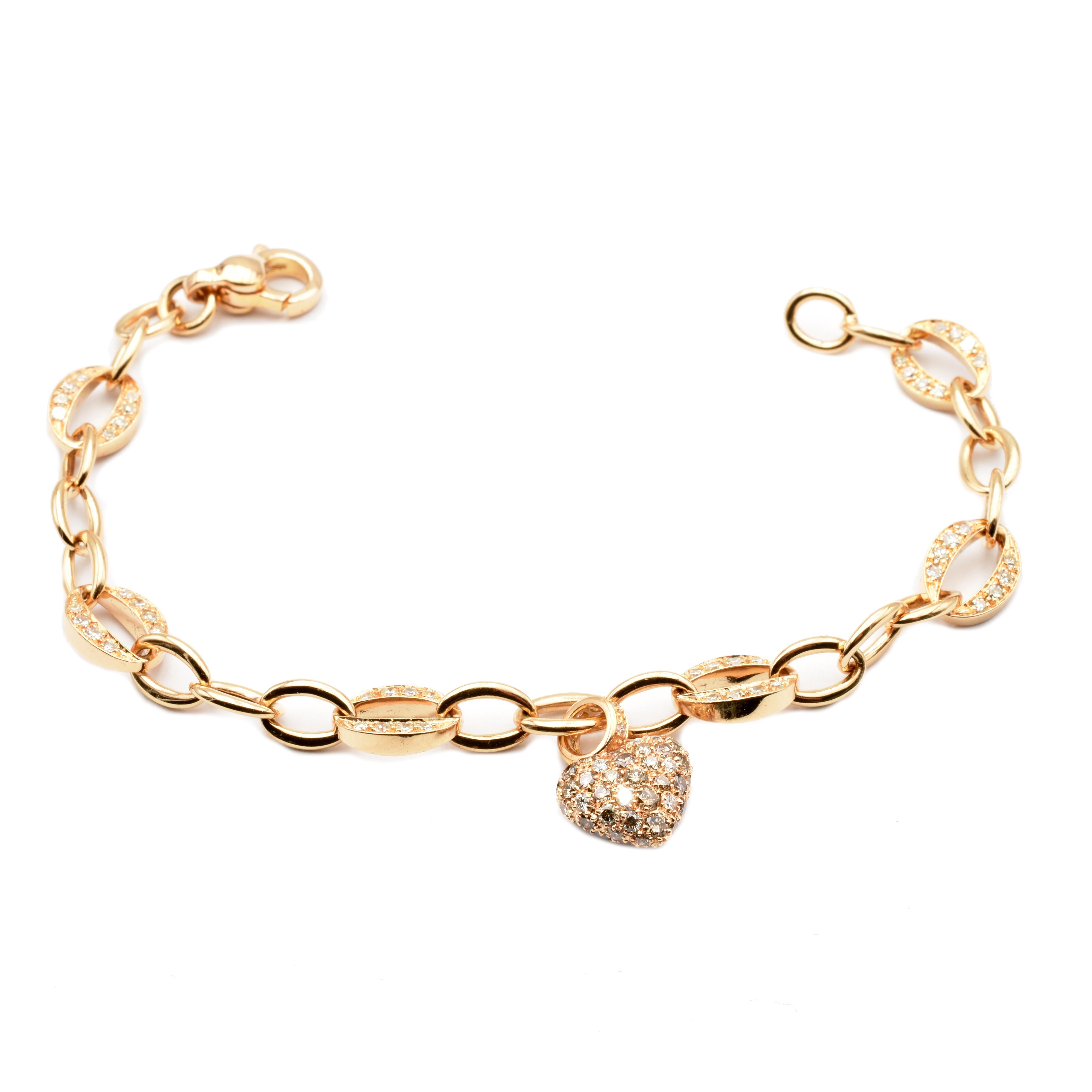 Contemporary White and Champagne Diamonds Heart Charm Bracelet Rose Gold Made in Italy