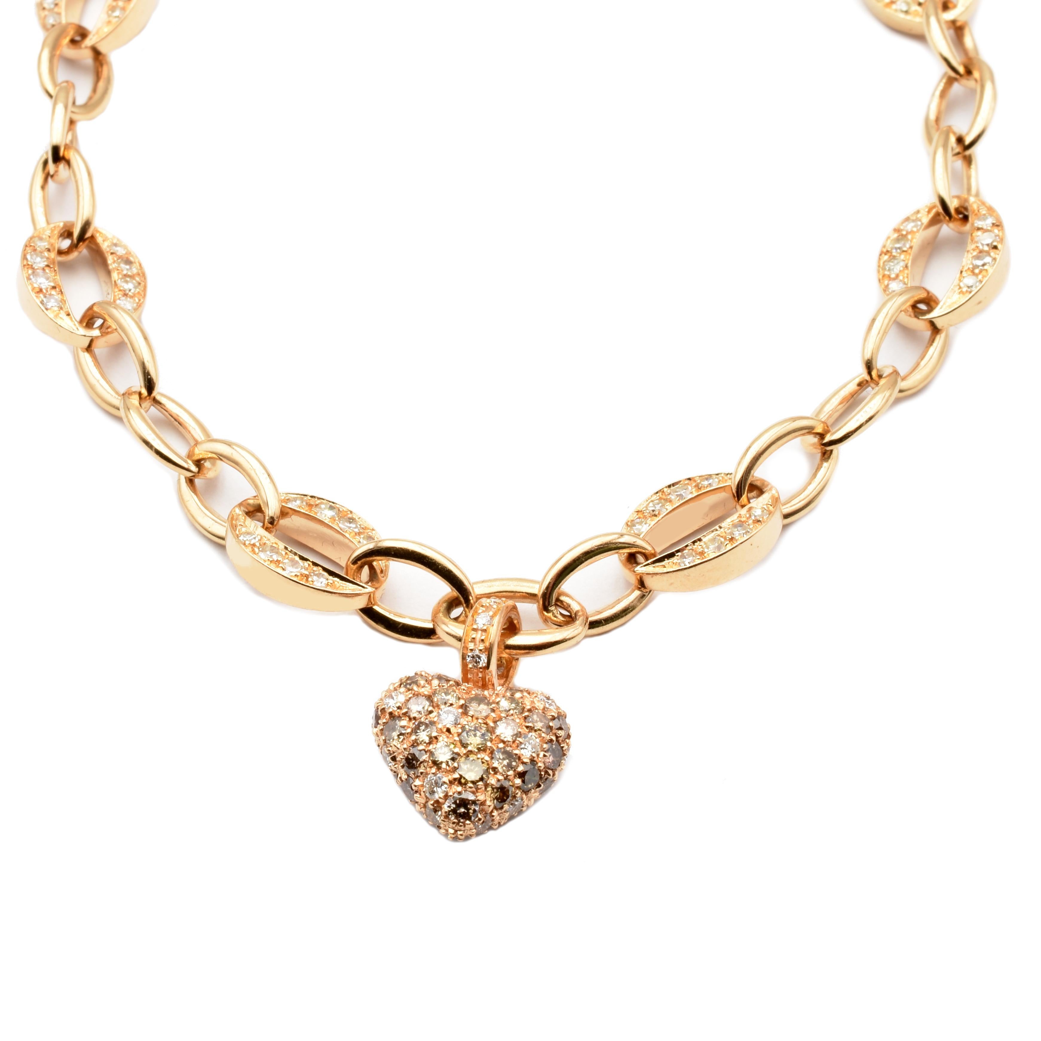 White and Champagne Diamonds Heart Charm Bracelet Rose Gold Made in Italy In New Condition In Valenza, AL