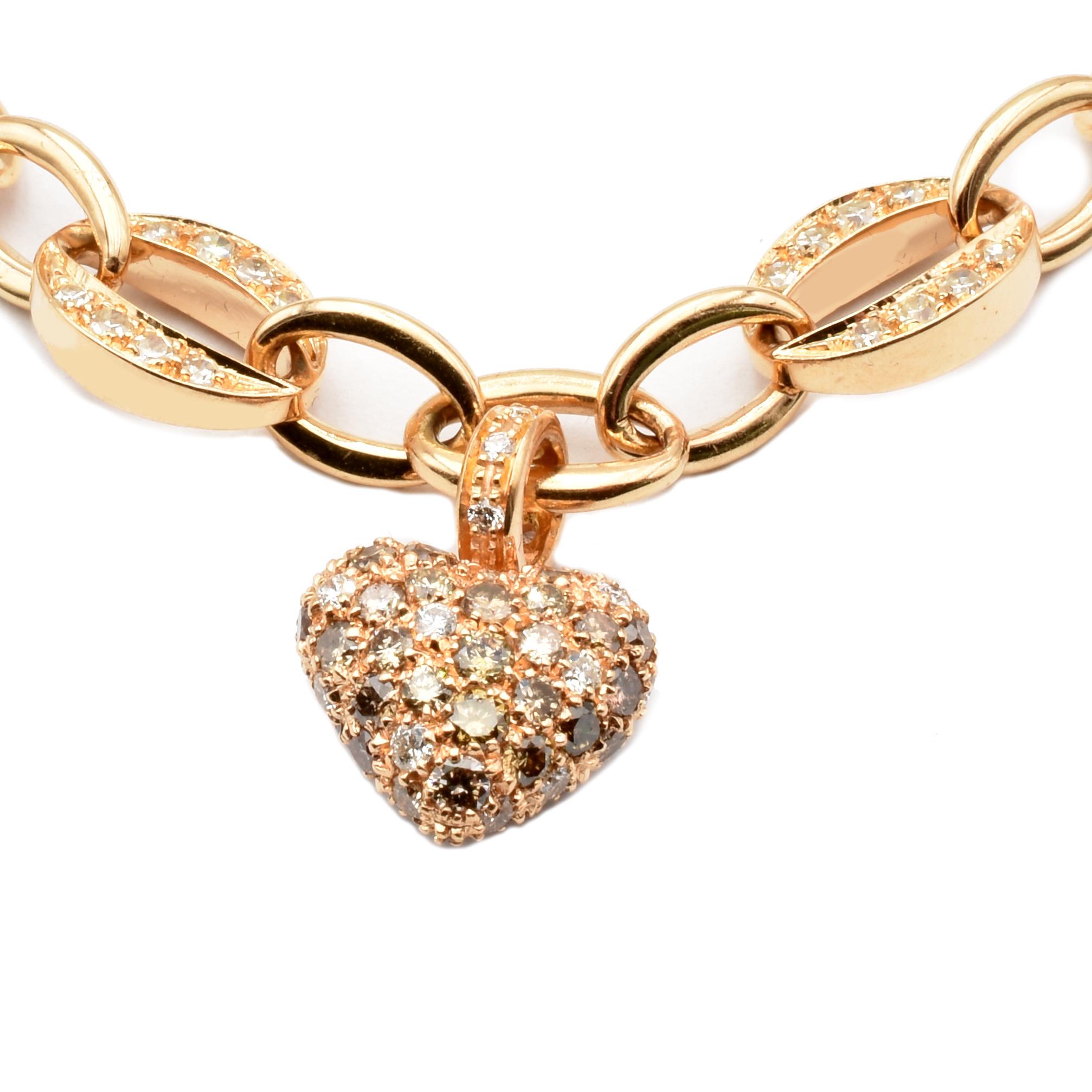 Women's White and Champagne Diamonds Heart Charm Bracelet Rose Gold Made in Italy