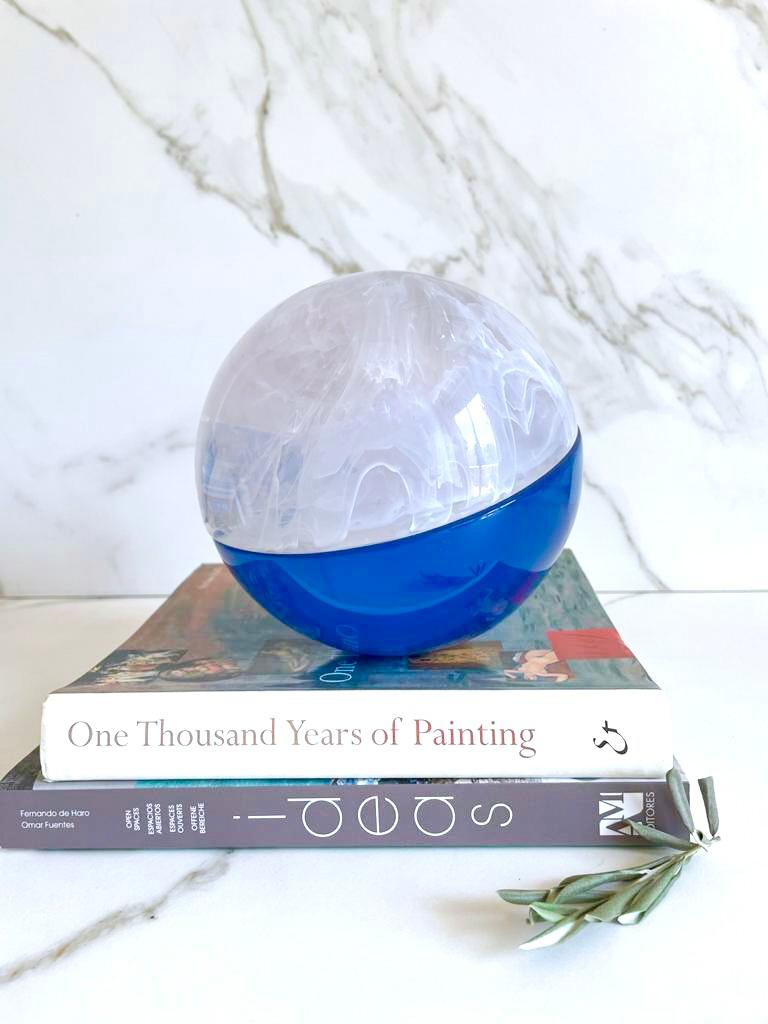 Mexican White and Clear Marbled Semi Sphere Sculpture in Polished Resin by Paola Valle For Sale